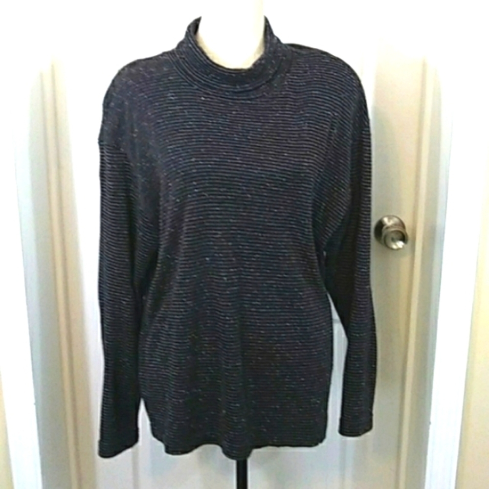 Teddi Black Gray Stripe Mock Neck Top